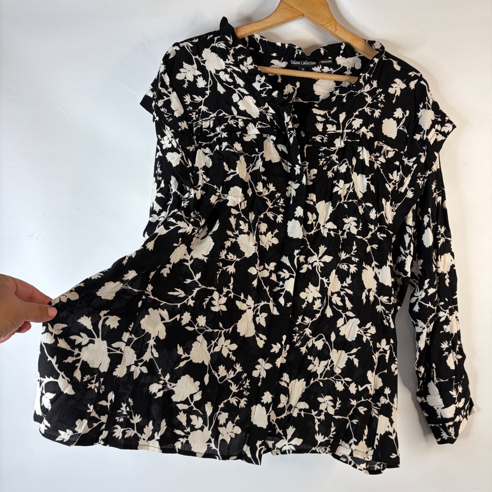 Tolani Collection Blouse Womens 1X Black White Floral Ruffle Crinkle Boho - Picture 9 of 11